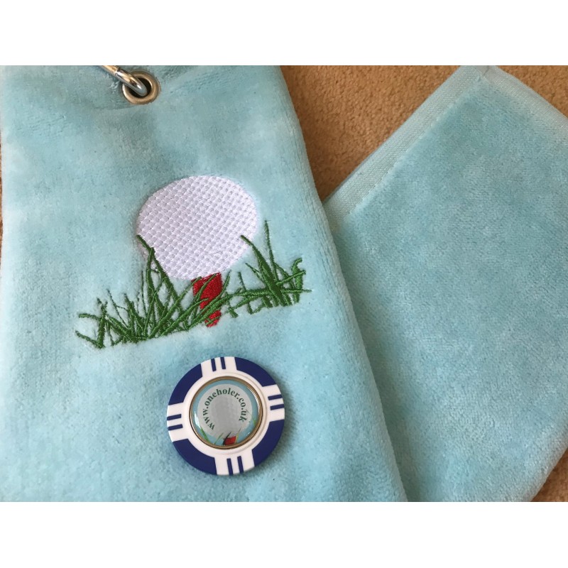 Golf Bag Towel for all Golfers Light Blue and Vegas Poker Chip Ball